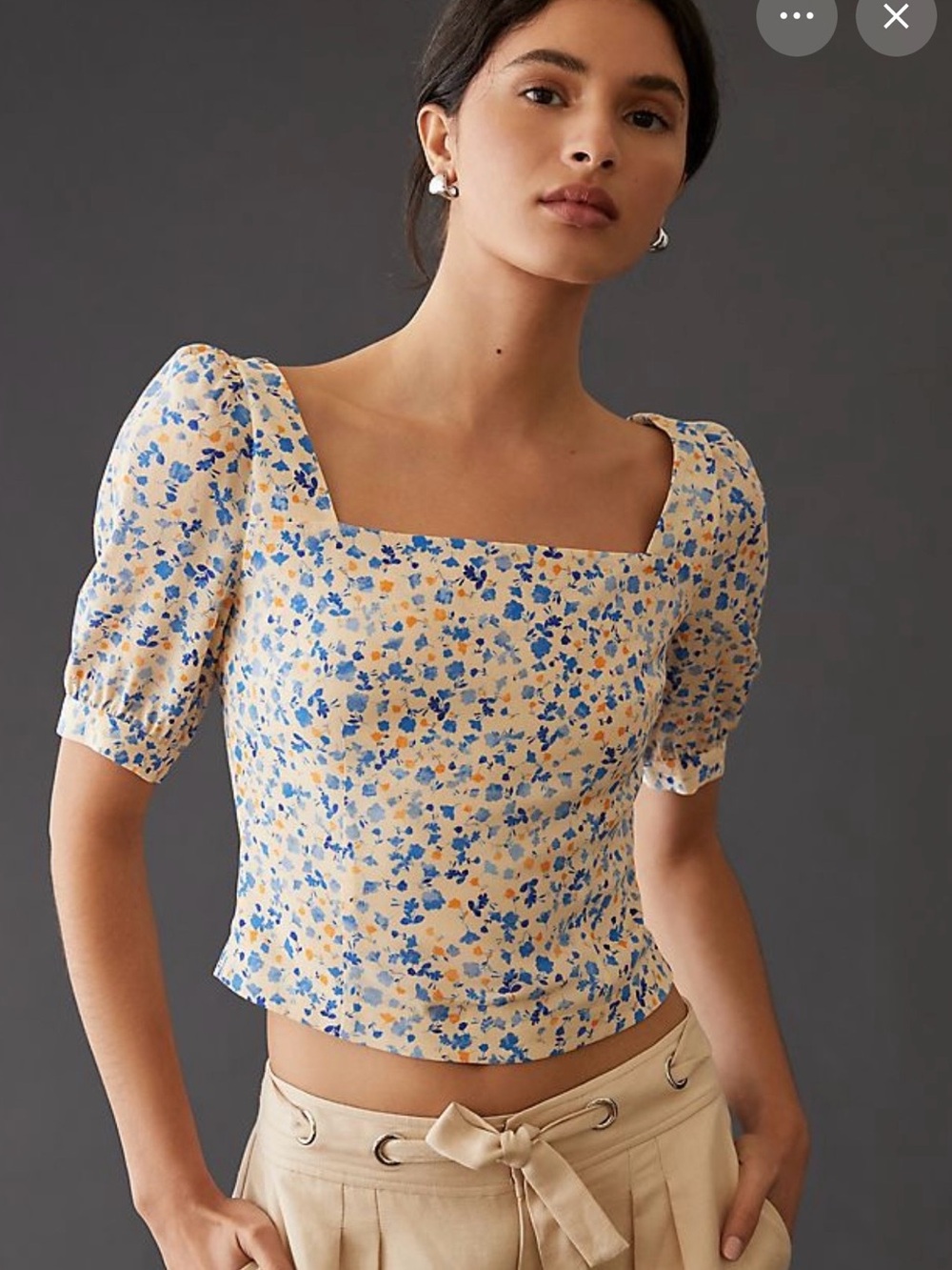 Favorite Daughter Blue & Cream Floral Square-Neck Puff Sleeve Top